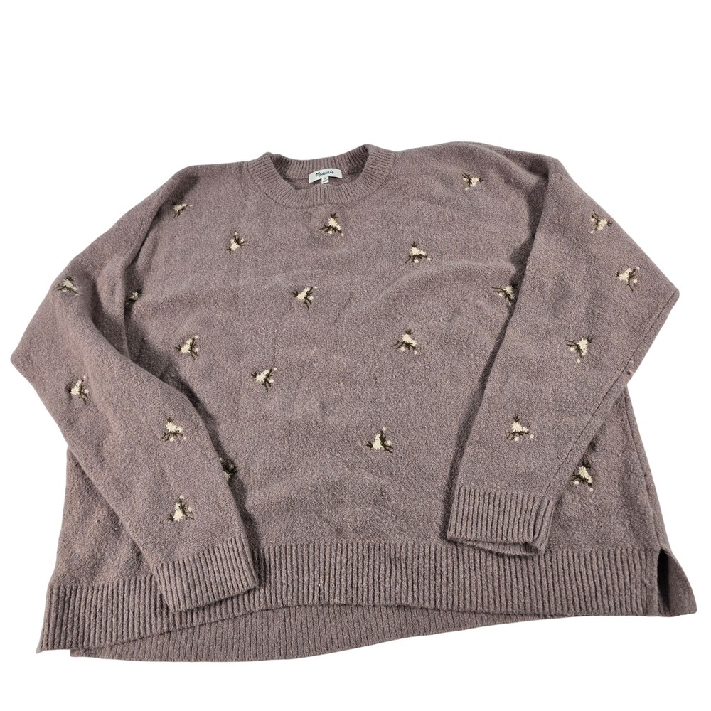 Madewell Womens 2X Mauve Pink Embroidered Floral Cotton Merino Wool Sweater
